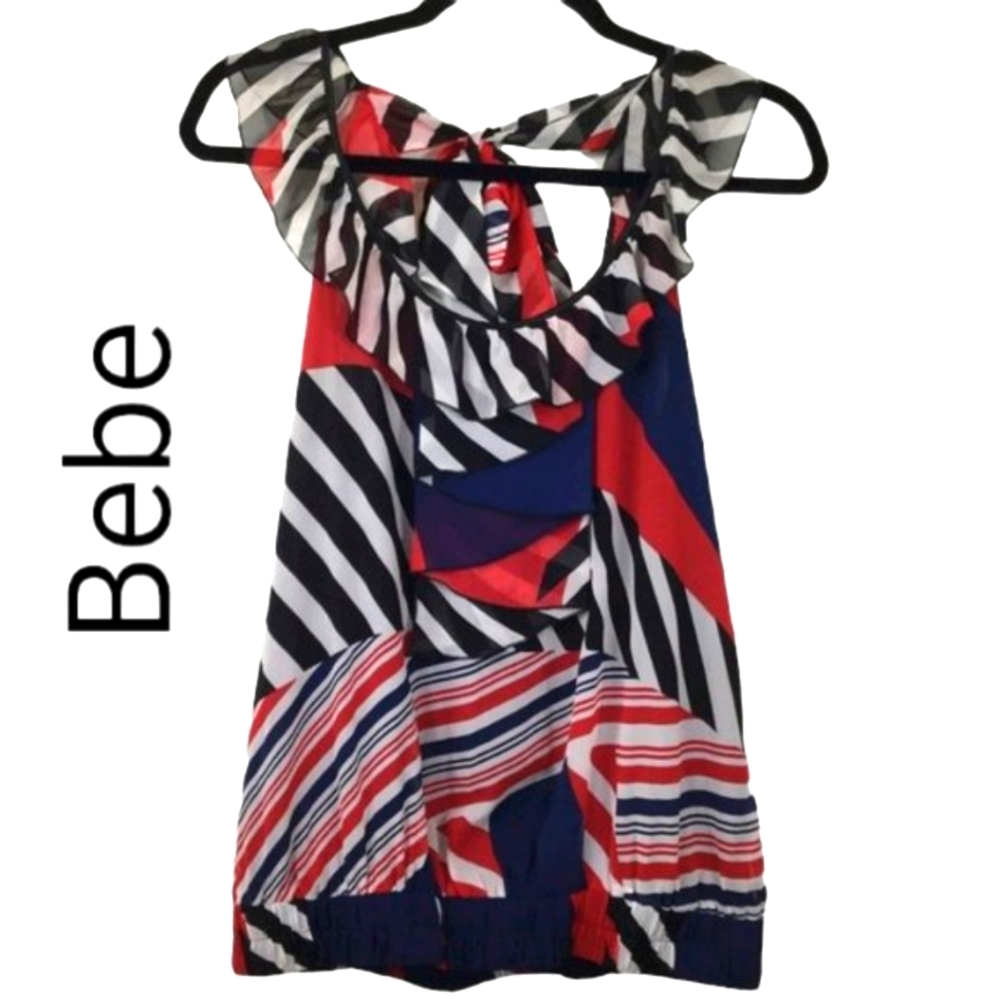 BEBE Red White and Blue Silk Top